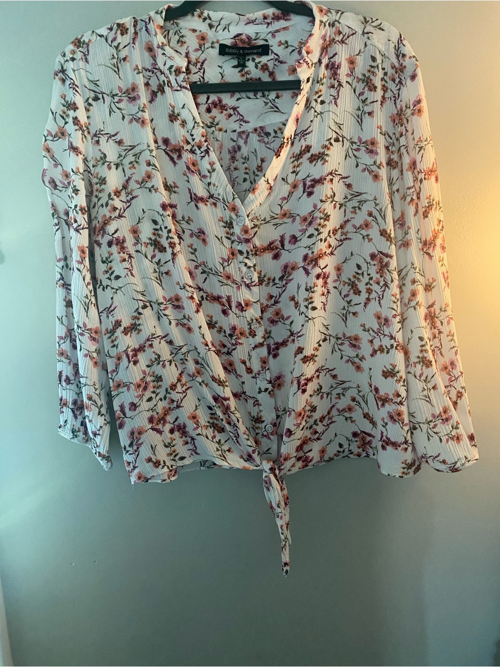 Ruby & Bloom Cream V-Neck Floral Button-Tie Blouse
